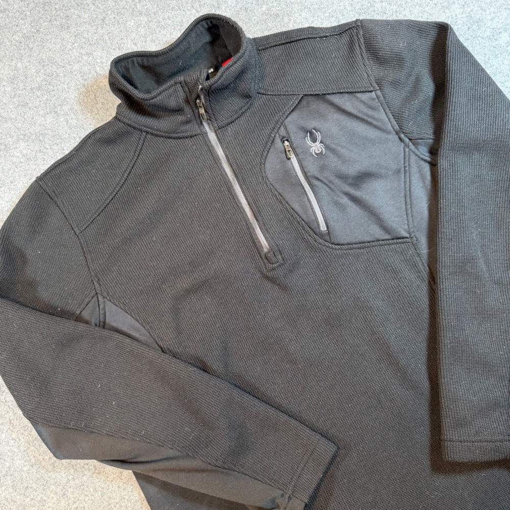 Spyder Mens Black Quarter Zip Waffle Knit Fleece Pullover Jacket Large